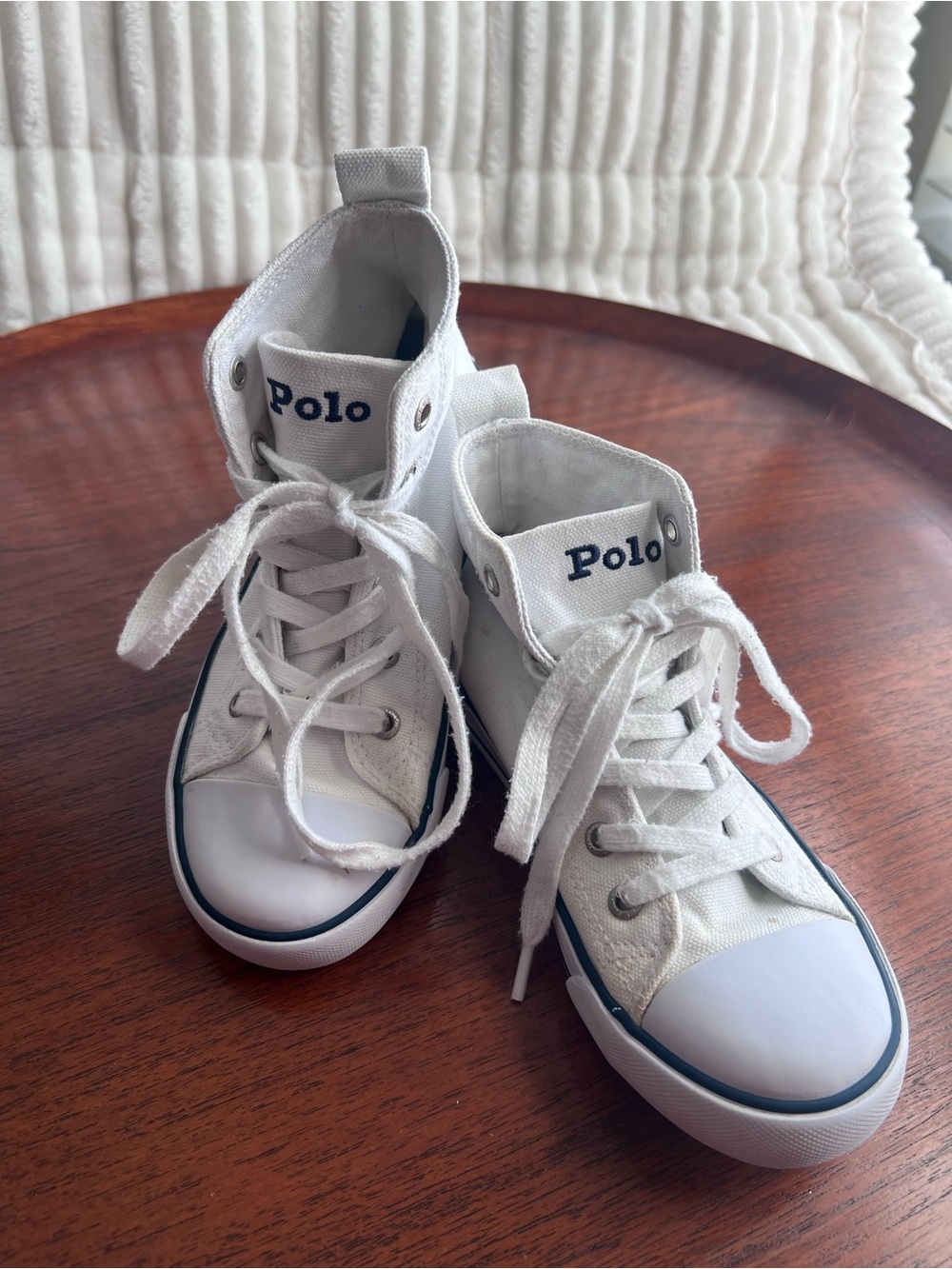 Polo by Ralph Lauren White Kids High-Top Canvas Sneakers with Navy Trim
